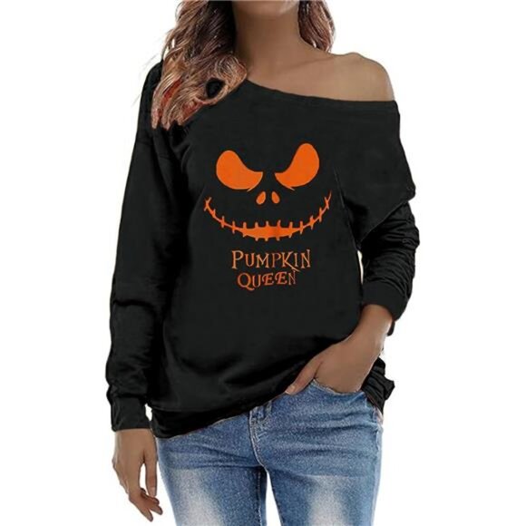 Women's Off-Shoulder Halloween Sweatshirt with a cute Jack-o'-Lantern design - Picture 2 of 5